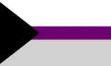Un drapeau avec un grand triangle équilatéral noir sur le côté gauche, dont le sommet pointe vers la droite. Une étroite bande horizontale violet divise le reste du drapeau, avec une large zone blanche au-dessus et gris clair en dessous.