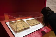 Une femme se penche vers l'avant pour regarder une grande vitrine contenant deux objets rectangulaires.