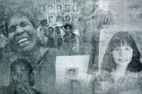 Collage of grainy black and white photographs of people’s faces.