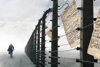 Une personne qui marche près d’une clôture en fil barbelé. Des partitions de musique sont prises dans le fil barbelé.