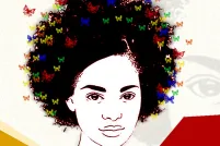 Image graphique d’une femme ayant des papillons dans les cheveux.