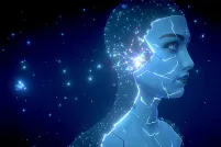 Une image numérisée de la tête bleue d'une femme virtuelle.