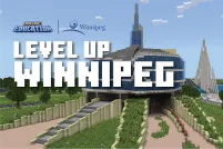 Une représentation graphique de l'extérieur du musée avec le texte "Level Up Winnipeg" posé dessus.