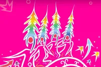 Un dessin artistique de quatre conifères étroits et multicolores qui se fondent dans des dessins au trait fluides de personnes.