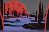 Une illustration représentant une scène dystopique après une explosion nucléaire, avec des arbres renversés et des rues désertes.