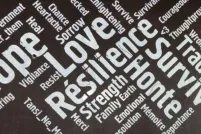 Une intersection de mots en plusieurs langues en texte blanc sur fond de couleur ardoise. Les mots français les plus marquants sont : résilience, honte, traditions, survivant, mémoire et courage.