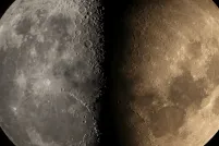 Image composite comparant une vue en niveaux de gris (à gauche) et une vue en couleurs naturelles (à droite) du même hémisphère lunaire.