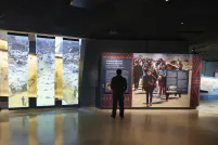 Plan d’ensemble d'une galerie du Musée. À gauche, trois panneaux verticaux présentent une photo de tentes blanches et de personnes déplacées. À droite de l’image, une personne se tient debout devant un mur d’exposition et lit le texte.