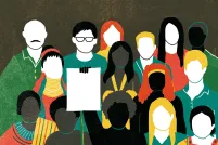 Dessin représentant un groupe varié de personnes dont l’une tient une page blanche, symbole de la Déclaration.