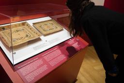 Une femme se penche vers l'avant pour regarder une grande vitrine contenant deux objets rectangulaires.