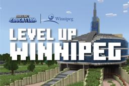 Une représentation graphique de l'extérieur du musée avec le texte "Level Up Winnipeg" posé dessus.