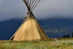 Un grand tipi dans un champ d’herbe. Les perches du tipi s’élèvent dans le ciel brumeux.