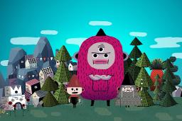 Dessin de type bande dessinée d'un monstre rose à trois yeux et de deux personnages humains devant un paysage d'arbres, de bâtiments et de montagnes.