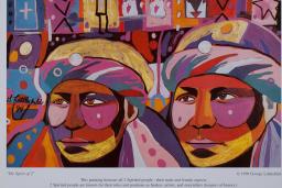 Affiche comportant une grande œuvre d’art représentant deux visages dans des couleurs et des motifs intenses, avec en arrière-plan des images comprenant des mains, des personnages debout et des formes géométriques. Un grand titre en anglais en haut indique « Le 10e rassemblement international bispirituel annuel » et le texte en bas indique « Du 27 au 31 août 1997. Onamia, Minnesota ».