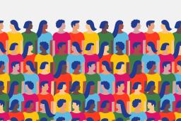 Illustration graphique de rangées de personnes en t shirts colorés se regardant les unes les autres.