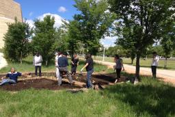 Sept personnes, hommes et femmes, travaillent dans un jardin par une journée ensoleillée. Le jardin est circulaire et renferme bien peu de plantes. Autour du jardin, on voit des herbes hautes, des arbres, un sentier et un trottoir.