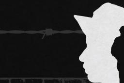 La silhouette d’un soldat est représentée à l’intérieur du profil d’un enfant, avec des fils barbelés et un mur en arrière-plan.