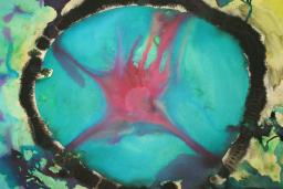 Œuvre d’art représentant une grande forme ovale turquoise soulignée de noir, avec une forme ramifiée rouge qui s’étend au centre. L’arrière-plan mélange des tons jaunes et verts avec des formes organiques éparpillées et des éclaboussures de noir autour des bords.