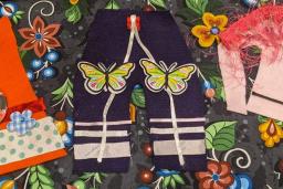 Des pièces de vêtements artisanaux de style autochtone sont posées sur un morceau de papier artisanal orné de fleurs et de baies. Les vêtements comprennent une chemise orange, un pantalon et une tunique rose décorée de tissus, d'appliques et de rubans colorés. La tunique comprend un châle à plumes sur les épaules.