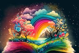 Illustration colorée d'un livre avec des pages aux couleurs de l'arc-en-ciel, ouvert au milieu. Une scène de nature sort du livre, qui comprend un arc-en-ciel, une montagne, un lac, des arbres, des fleurs et de l'herbe.