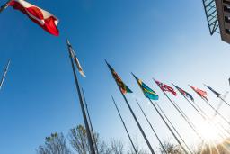 Des drapeaux nationaux flottent côte à côte sur de hauts mâts.