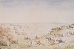 Des cavaliers armés de flèches et de lances traversent un paysage de prairies vallonnées en direction d’un troupeau de bisons.