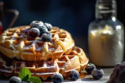 Une pile de gaufres garnies de bleuets, de sirop d'érable et de sucre en poudre.