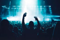 Groupe de personnes à un concert avec une lumière bleue et blanche sur la scène.