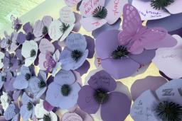 Des pavots violets faits de papier avec des noms et des messages écrits par des membres de la communauté ou de la famille de personne décédées après avoir consommé des drogues empoisonnées.