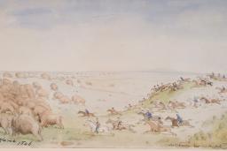 Des cavaliers armés de flèches et de lances traversent un paysage de prairies vallonnées en direction d’un troupeau de bisons.