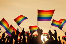 Des mains tendues vers un ciel ensoleillé, dont plusieurs tiennent un drapeau arc-en-ciel.