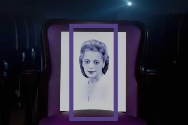 Un portrait de Viola Desmond encadré d'un rectangle vertical violet. Viola porte un haut blanc.