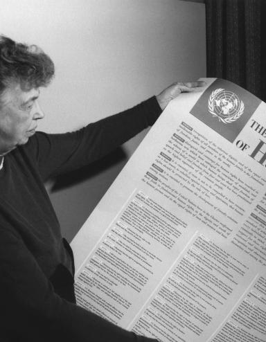 Une personne tient une grande feuille de papier recouverte de texte et dont le gros titre est « The Universal Declaration of Human Rights. » Visibilité masquée.