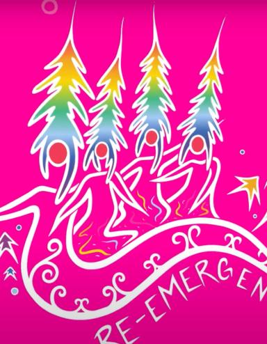 Un dessin artistique de quatre conifères étroits et multicolores qui se fondent dans des dessins au trait fluides de personnes. Visibilité masquée.
