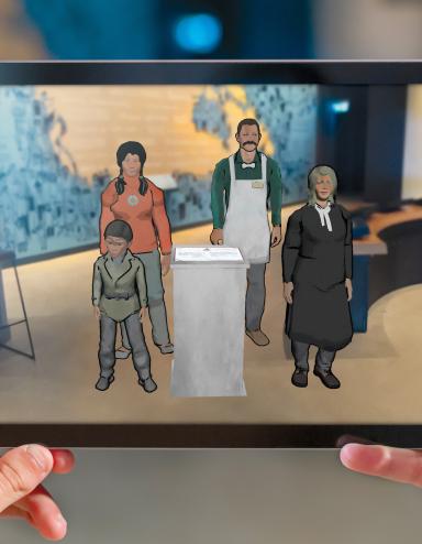 Les mains d'une personne tiennent une tablette sur laquelle on peut voir l'image de quatre personnes animées dont un petit garçon, une jeune femme autochtone, un homme qui porte un tablier et une femme juge. Visibilité masquée.
