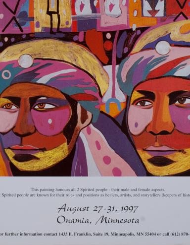 Affiche comportant une grande œuvre d’art représentant deux visages dans des couleurs et des motifs intenses, avec en arrière-plan des images comprenant des mains, des personnages debout et des formes géométriques. Un grand titre en anglais en haut indique « Le 10e rassemblement international bispirituel annuel » et le texte en bas indique « Du 27 au 31 août 1997. Onamia, Minnesota ». Visibilité masquée.