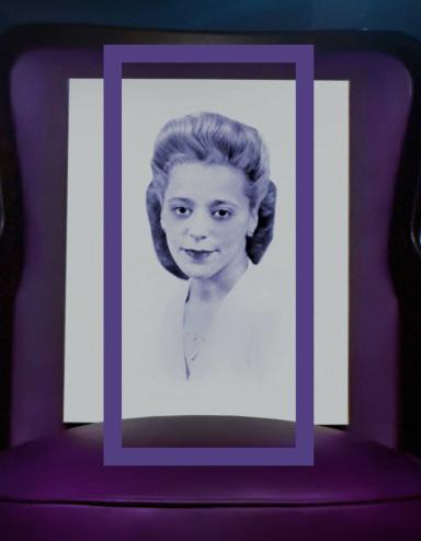 Un portrait de Viola Desmond encadré d'un rectangle vertical violet. Viola porte un haut blanc. Visibilité masquée.
