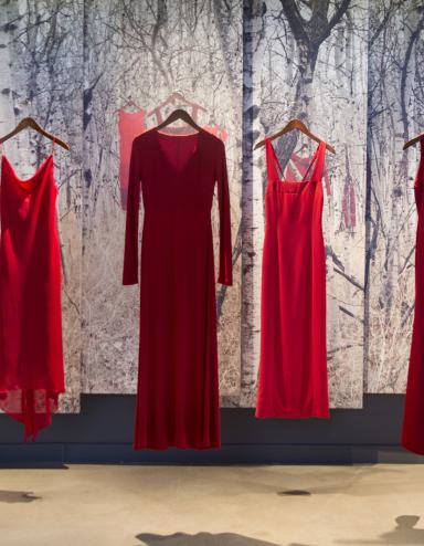 Six robes rouges sont suspendues à des cintres devant une toile de fond. Cette toile de fond montre l’image d’une forêt de bouleaux dans laquelle d’autres robes rouges sont suspendues. Visibilité masquée.