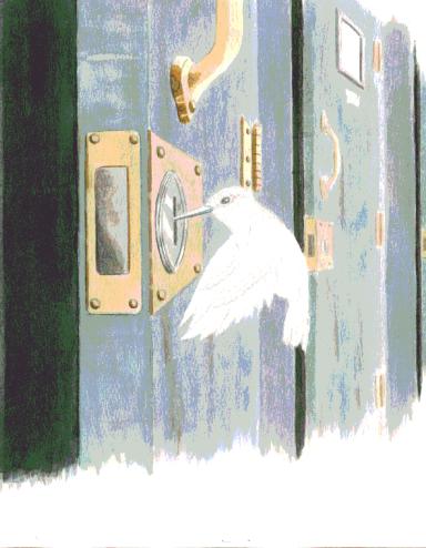 Illustration simple d'un colibri blanc qui crochète la serrure d'une porte et l'ouvre. La porte se trouve dans une rangée de portes. Visibilité masquée.