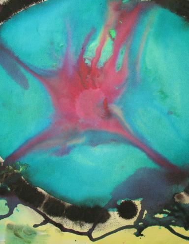 Œuvre d’art représentant une grande forme ovale turquoise soulignée de noir, avec une forme ramifiée rouge qui s’étend au centre. L’arrière-plan mélange des tons jaunes et verts avec des formes organiques éparpillées et des éclaboussures de noir autour des bords. Visibilité masquée.