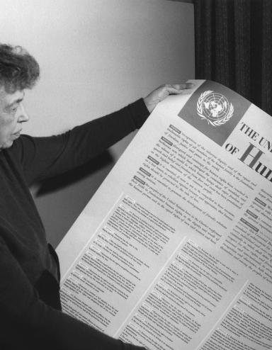 Une personne tient une grande feuille de papier recouverte de texte et dont le gros titre est « The Universal Declaration of Human Rights. »