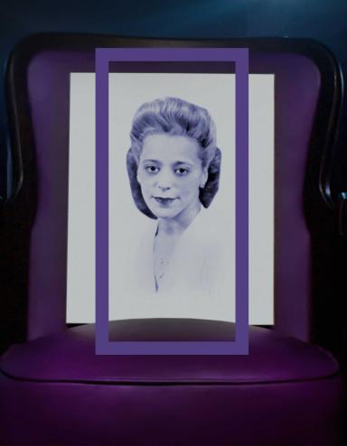 Un portrait de Viola Desmond encadré d'un rectangle vertical violet. Viola porte un haut blanc.