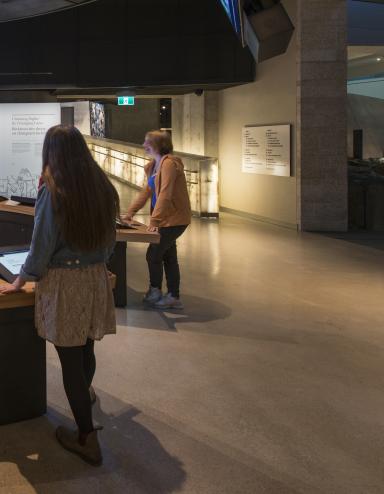 Six personnes dans une galerie muséale sont debout à un comptoir circulaire. On voit des écrans vidéo intégrés au comptoir et d’autres suspendus au-dessus des gens. Visibilité masquée.