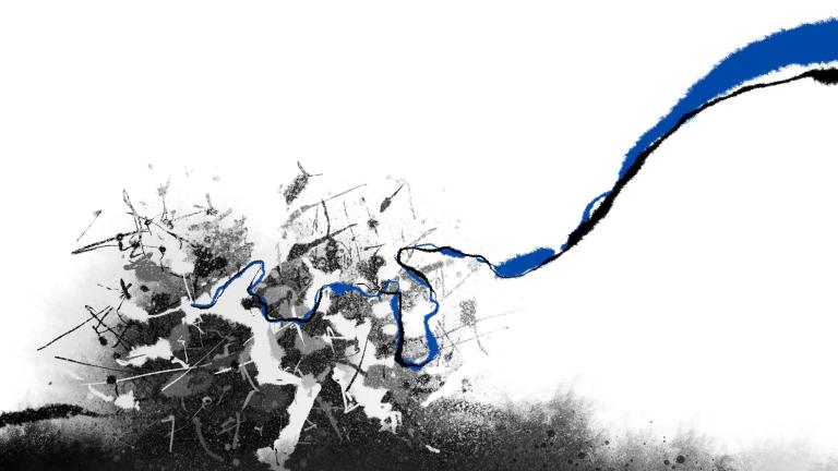 Une illustration en noir et blanc de ce qui semble être une explosion, avec une ligne bleue qui surgit de l'explosion vers l'extérieur.
