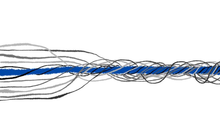 Une illustration d'une ligne bleue épaisse et droite avec des lignes grises et noires plus fines qui s'enroulent autour.