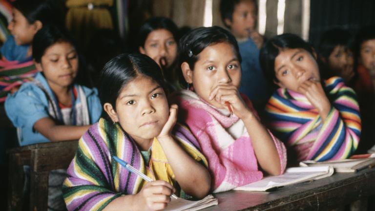 Des enfants sont assis dans une salle de classe, avec des cahiers sur leur bureau. Trois filles, assises près de l’appareil photo, regardent directement l’objectif. 