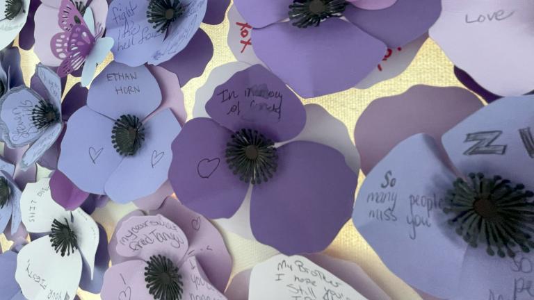Des pavots violets faits de papier avec des noms et des messages écrits par des membres de la communauté ou de la famille de personne décédées après avoir consommé des drogues empoisonnées.
