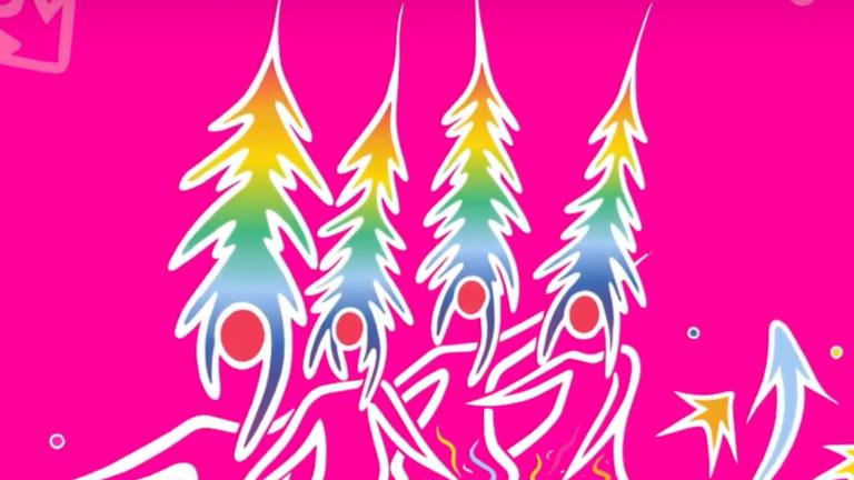 Un dessin artistique de quatre conifères étroits et multicolores qui se fondent dans des dessins au trait fluides de personnes. Visibilité masquée.