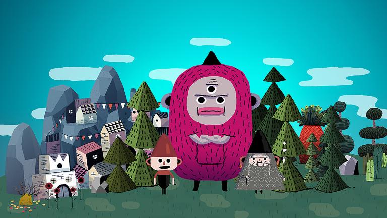 Dessin de type bande dessinée d'un monstre rose à trois yeux et de deux personnages humains devant un paysage d'arbres, de bâtiments et de montagnes. Visibilité masquée.