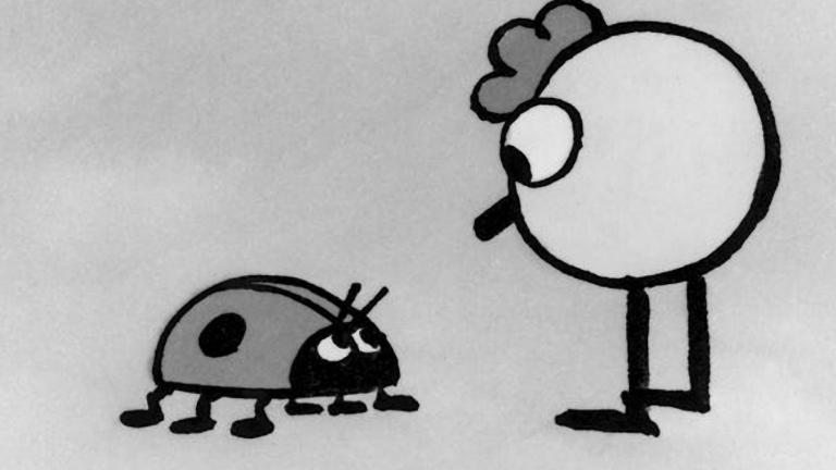 Une image en noir et blanc de deux personnages de dessin animé qui se regardent l'un l'autre. L'une est une coccinelle et l'autre est une figure circulaire avec des jambes, de grands yeux et une touffe de cheveux sur la tête.